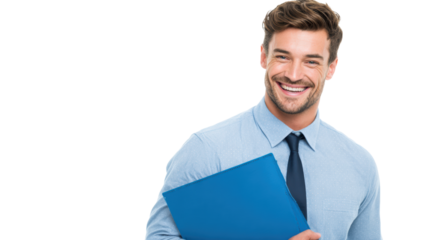 Smiling businessman holding blue folder, isolated on white background.