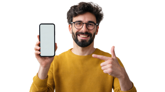 Smiling man holding smartphone, pointing at screen with enthusiasm, isolated on white background.