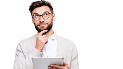 Thoughtful man in glasses holding tablet, isolated on a white background.