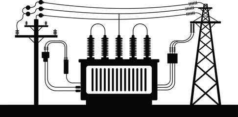 Electrical power transformer between utility poles and transmission tower, energy distribution system cad drawing flat vector illustration for industrial use