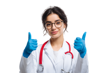 Young female doctor gives thumbs up