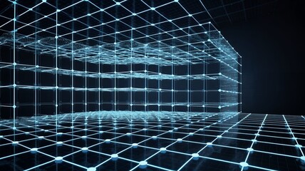 A blue grid structure with square segments sits in a dark space creating a threedimensional geometric design