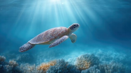 Obraz premium Underwater Serenity: A majestic sea turtle gracefully glides through the clear, sun-dappled depths, showcasing marine life and natural beauty.