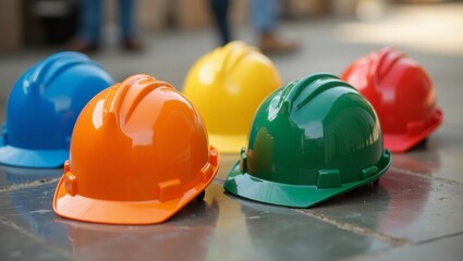 Stack of Protective Safety Helmets for Construction Workers