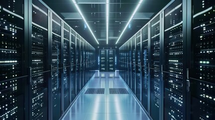 Fototapeta premium Technology background image showing a server room with rows of computers