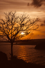 sunset over the ocean with hills in the background