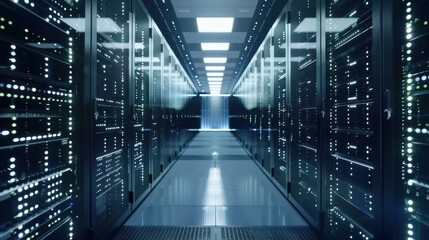 Technology background image showing a server room with rows of computers