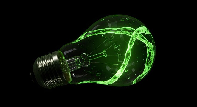 Light bulb idea concept for business and green energy. A glowing green lightbulb, abstract design, against a black background.