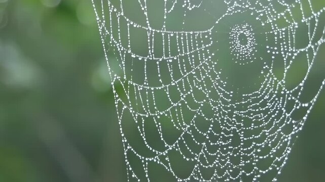 Dew-kissed spiderweb against a blurred green background