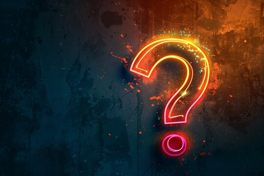 Neon glowing question mark sign on dark background, futuristic digital symbol, mystery concept.