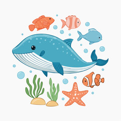 Naklejka premium Delightful underwater scene featuring a charming whale and colorful marine life illustration