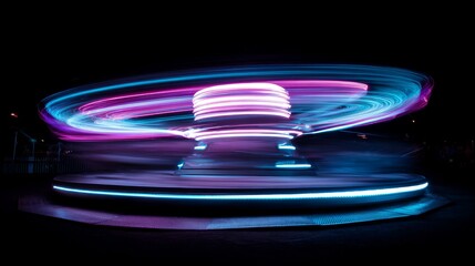 Vibrant spinning neon lights of amusement park ride glowing in the night. Colorful dynamic light trails in motion capturing fun, thrill, and energy of carnival attractions and entertainment events