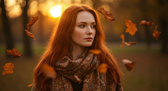 A beautiful auburn-haired woman contemplates the changing season amidst falling leaves bathed in