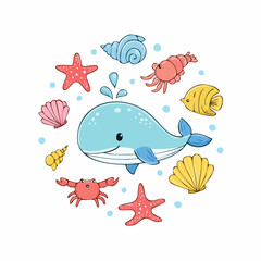 Naklejka premium Cheerful marine life: playful cartoon whale and friends in the sea, radiating joy