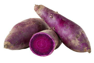 Fresh purple sweet potatoes isolated on black background.