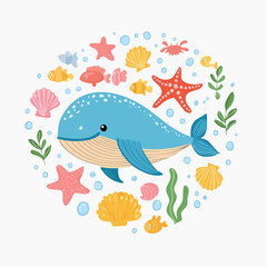 Naklejka premium A charming aquatic illustration featuring a delightful blue whale amidst sea treasures