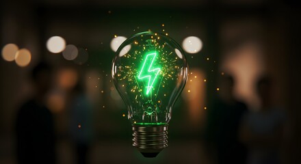 Light bulb idea concept for business and green energy. Glowing lightbulb with green lightning bolt, sparks, and blurred background figures.