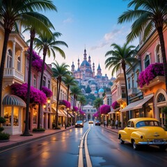 Fototapeta premium Fairytale European City Street Scene at Dusk - Vintage Yellow Car, Palm Trees, and Colorful Buildings