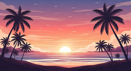 Obraz premium Idyllic tropical beach sunset scene with silhouette palm trees framing a vibrant, colorful sky over the ocean.