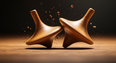 Elegant wooden spinning tops in dynamic composition with dust effect