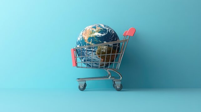 A model of planet Earth inside a miniature shopping cart. A concept for global e-commerce, international trade, consumerism, and environmental sustainability.