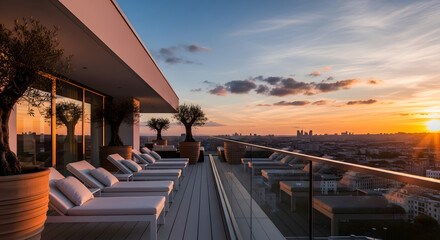 Luxury rooftop terrace with lounge chairs and olive trees at sunset