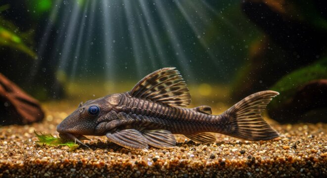Captivating pleco resting on the aquarium floor illuminated by sunlight