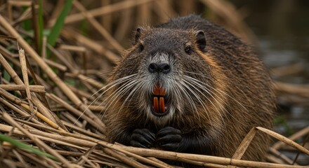 Captivating Portrait of a Nutria Foraging Amidst Dried Vegetation Outdoors