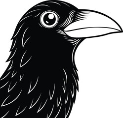 Illustration of a crow head isolated on white background in black and white
