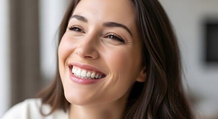 Joyful Woman Smiling in a Modern Indoor Setting &ndash; Lifestyle Portrait Capturing Happiness and Warmth