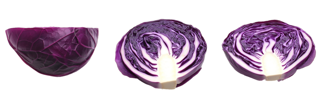 Purple (red) cabbage half and cross-sections showing inner texture