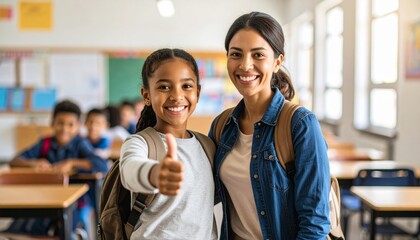 Teacher and student bonding with thumbs up in classroom environment portrait