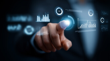 Futuristic businessman hand finger touch virtual screen.