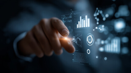 Naklejka premium Futuristic businessman hand finger touch virtual screen.