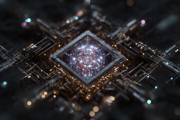 An abstract representation of quantum AI processing unit surrounded by dynamic data streams and futuristic light effects. Perfect for use in AI research, technology, and future innovation visuals