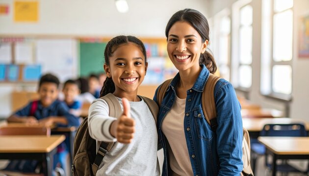 Teacher and student bonding with thumbs up in classroom environment portrait