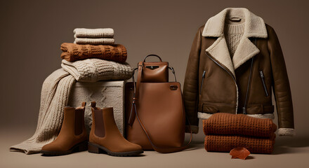 Autumn fashion collection featuring luxurious leather jacket, boots and knitwear apparel