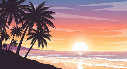 Obraz premium Serene sunset over a tropical ocean beach with silhouetted palm trees, evoking a tranquil vacation escape.