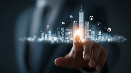 Obraz premium Futuristic businessman hand finger touch virtual screen.