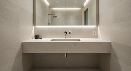 All neutral stone surfaces, integrated basin, front minimal composition