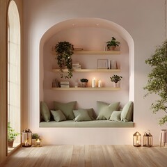 Cozy reading nook with arched alcove, light pink walls, wooden shelves, and sage green seating