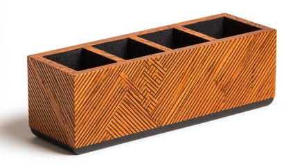 Obraz premium Rectangular wooden pencil holder with four compartments. Geometric pattern of diagonal lines on a light-brown wooden surface. Darker brown/black accents on the bottom and inside the compartments