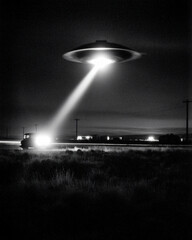 UFO Alien Spacecraft Beam Night Sky Mysterious Lights Darkness Horizon Rural Landscape Science Fiction Technology Encounter Phenomenon Transportation Shadows Nature Extraterrestrial Exploration