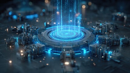 Futuristic 5G network center with glowing blue connections and holographic data visualization, 8K rendering. High speed data transmission, cyber technology digital communication concept.