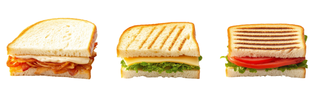  Three assorted sandwiches with different fillings isolated on white background