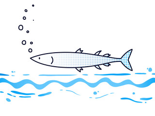 Obraz premium 水中で泳ぐ魚のイラスト - 泡と波が涼しげなイメージ