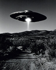 UFO Alien Spaceship Night Beam Light Extraterrestrial Mountain Landscape Road Mystery Exploration Surreal ScienceFiction Adventure Dramatic Sky 