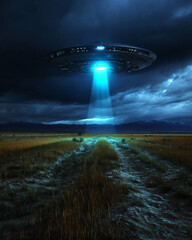 UFO Spaceship Alien Extraterrestrial Beam Light Sky Clouds Evening Landscape Field Road Adventure Futuristic Mystery Technology Sightings Glowing Night Vision Imagination Cinematic Eerie Scene