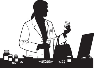 Silhouette of a female pharmacist in a lab coat dispensing prescription medication at a pharmacy counter.