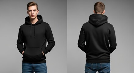 A man wearing a black hooded sweatshirt, front and back views, posing.